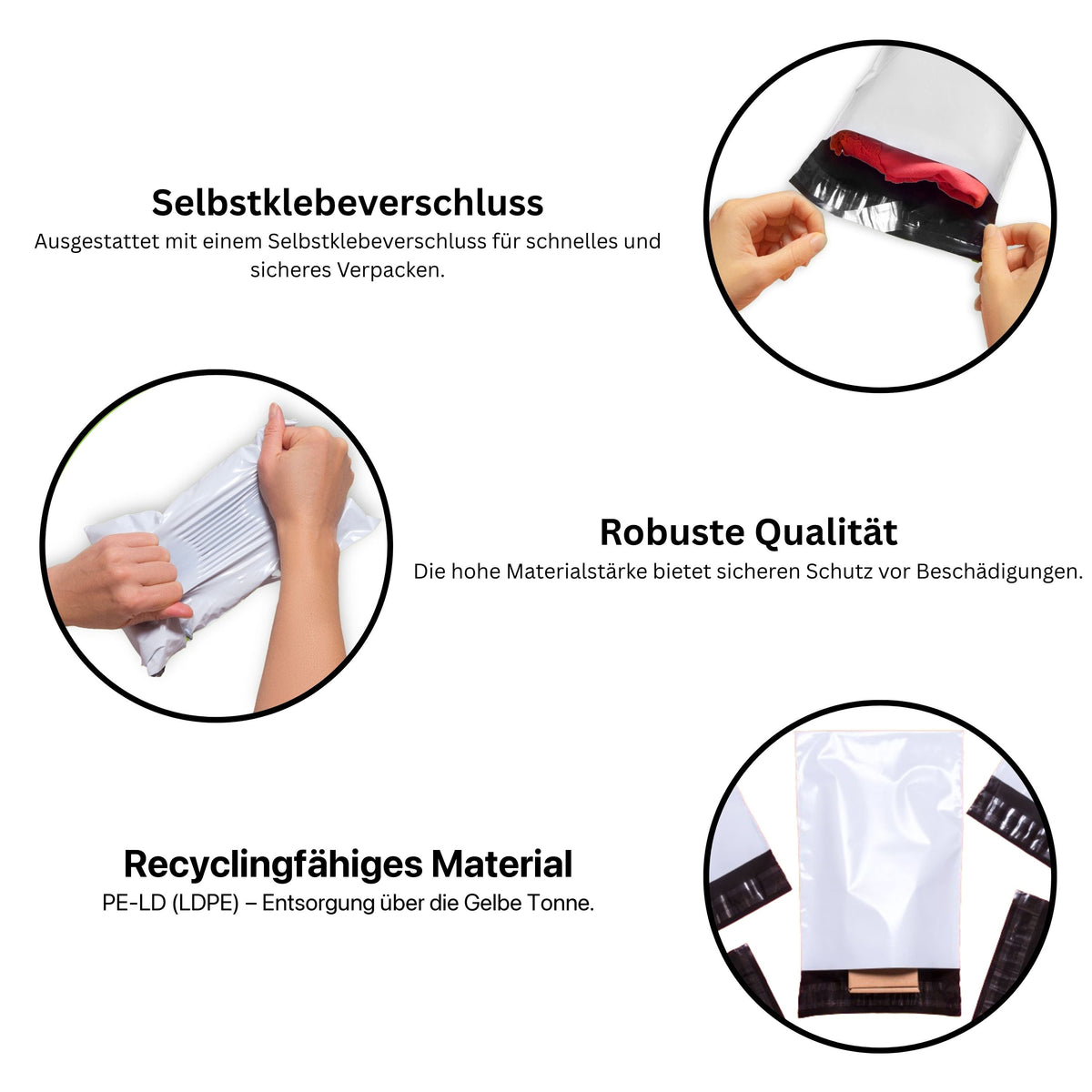 Versandbeutel: Selbstklebeverschluss, reißfestes Material, recyclingfähig