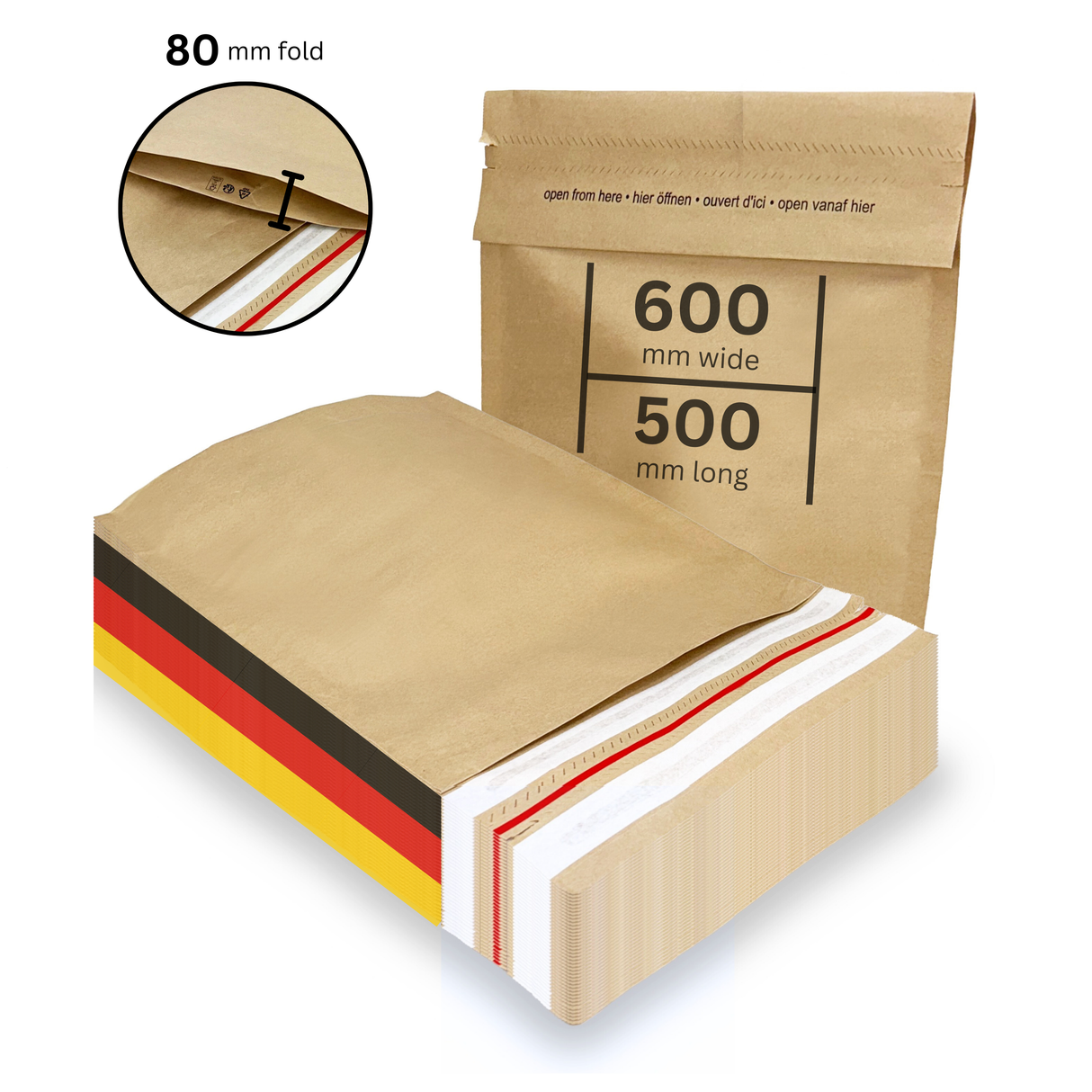 Versandtaschen - Kraftpapier mit Bodenfalte 600 x 80 x 500 + 80 mm 110 g/m² - Shipmentoo