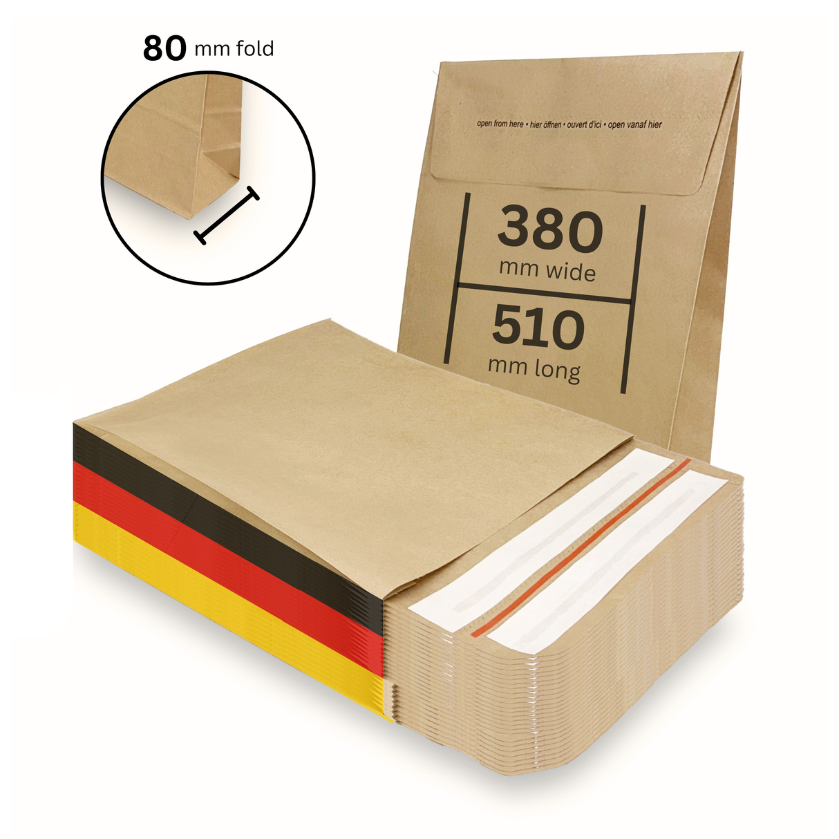 Versandtaschen - Kraftpapier mit Seiten- Bodenfalte 380 x 80 x 510 + 100 mm 110 g/m² - 100 Stück - Shipmentoo