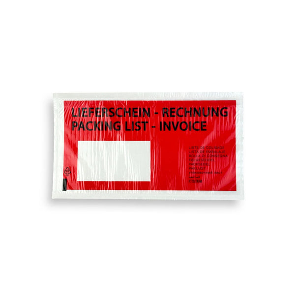 Lieferscheintasche 235 × 115 mm, rot bedruckt „Lieferschein – Rechnung / Packing List – Invoice“, 100 Stück